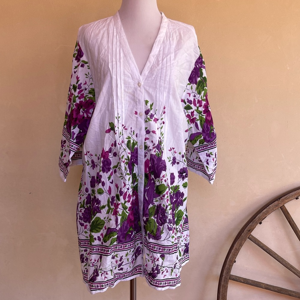 ASHA Violet Flowers Button Front Tunic Top, Dress or Swim Suit Cover EU-42 US-12